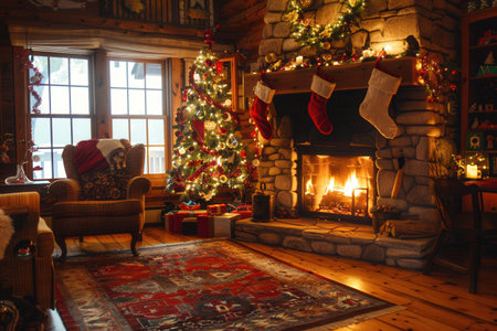 The warm glow from the fireplace fills the cozy room, highlighting the festive decorations and inviting ambiance perfect for winter nights.の素材