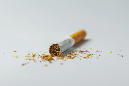 A broken cigarette lies on a pristine white background, symbolizing the choice to quit smoking and embrace a healthier future.の素材