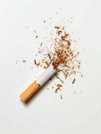 A broken cigarette lies on a pristine white surface, representing the commitment to stop smoking and embrace a healthier lifestyle.の素材