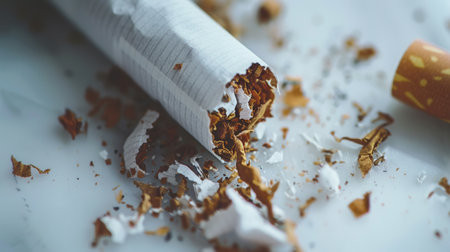 A close-up view of a broken cigarette scattered on a clean white surface, highlighting the determination to quit smoking and promote healthier choices.の素材