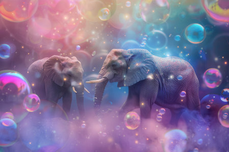 Elephants play joyfully as colorful bubbles float around them in a magical, pastel-hued environment.の素材