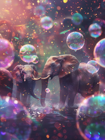 Elephants delightfully roam in a fantastical landscape filled with vibrant, floating bubbles that shimmer softly in the fading light.の素材