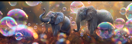 Two elephants roam through a fantastical landscape filled with vibrant, floating bubbles, creating a magical atmosphere in their playful environment.の素材