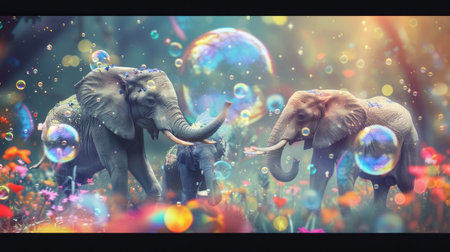 Elephants engage playfully in a magical forest, surrounded by colorful bubbles and blooming flowers under the warm sunlight.の素材