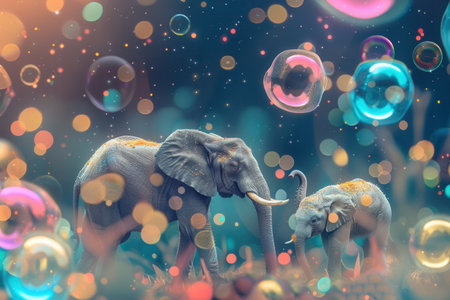 Two elephants wander through a vibrant, imaginative landscape adorned with floating bubbles, creating a delightful atmosphere of wonder.の素材