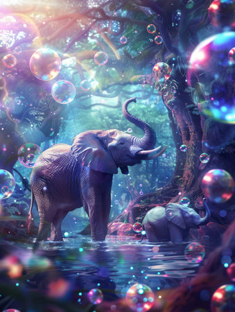 An enchanting scene unfolds as elephants wade through water, surrounded by colorful bubbles in a vibrant, whimsical forest setting.の素材