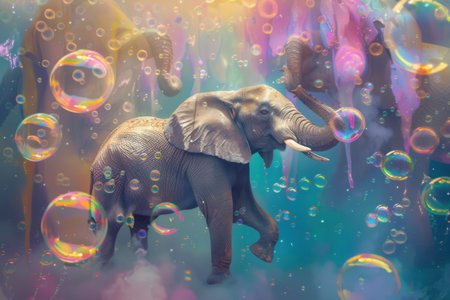 Elephants playfully wander through a magical setting filled with vibrant, floating bubbles, creating a whimsical atmosphere.の素材