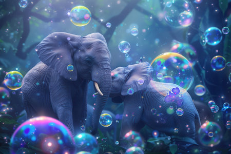 Two elephants embrace happily while floating bubbles surround them in a vibrant, enchanting environment filled with fantasy elements.の素材