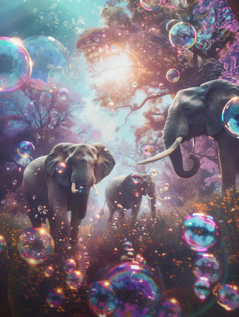 Elephants wander through a fantastical setting, surrounded by vibrant, floating bubbles that shimmer in the enchanting light of dusk.の素材