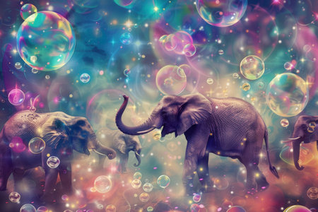 Elephants roam joyfully among colorful bubbles in a magical, dreamlike environment full of vibrant colors and ethereal charm.の素材
