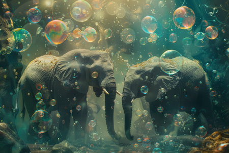 Elephants interact curiously in a playful, mystical setting surrounded by vibrant, floating bubbles, creating a whimsical atmosphere.の素材