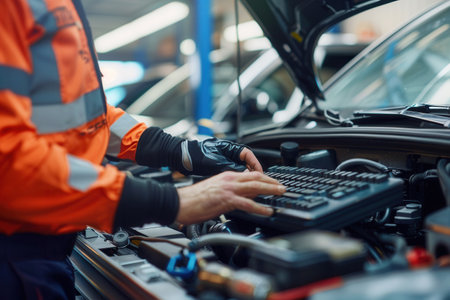 A mechanic is conducting a computer diagnosis on a car engine while performing necessary repairs in an automotive workshop.の素材