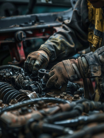 A mechanic inspects and repairs a car engine while conducting a computer diagnosis in a busy workshop environment.の素材