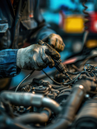 A mechanic uses specialized tools to diagnose engine problems and conduct repairs in a well-equipped automotive workshop.の素材