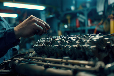 A mechanic conducts a computer diagnosis and works on repairing an engine in a well-equipped auto repair shop.の素材