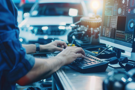 A mechanic is conducting a computer diagnostic on a vehicle while working on an engine repair in a busy automotive workshop.の素材
