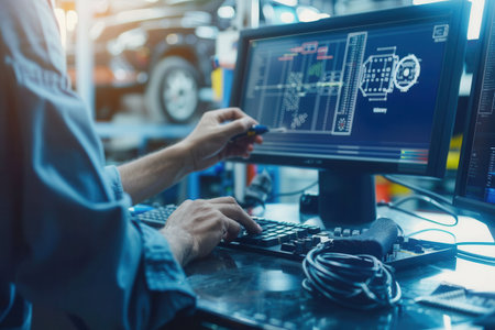 A mechanic is conducting a computer diagnosis on a vehicle while working on engine repairs at an auto service shop.の素材