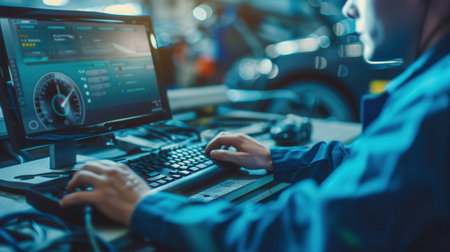 A mechanics performs computer diagnostics and works on an engine repair in an auto shop filled with tools and vehicles.の素材