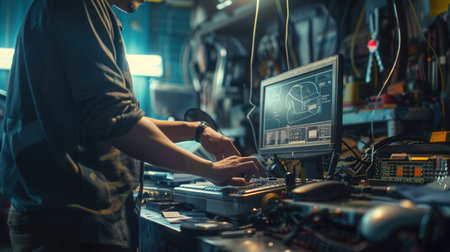 A mechanic analyzes data on a computer while conducting an engine repair in a well-equipped auto repair shop.の素材