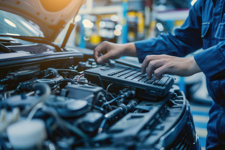 A mechanic conducts a computer diagnosis on a car's engine, troubleshooting issues and preparing for necessary repairs in a busy automotive service center.の素材