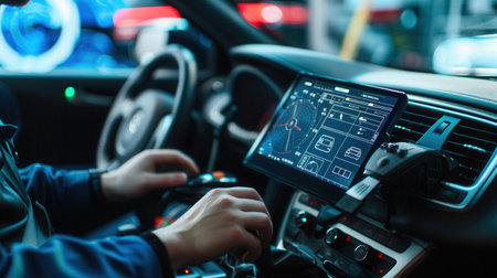 A mechanic is using a computer diagnostic tool while working on an engine repair in a well-equipped automotive workshop.の素材