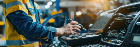 A mechanic is connected to a car's diagnostic system, analyzing data and making engine repairs in a brightly lit workshop.の素材