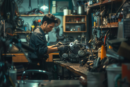 A mechanic uses a computer for diagnostics while working on an engine in a well-equipped auto repair workshop.の素材
