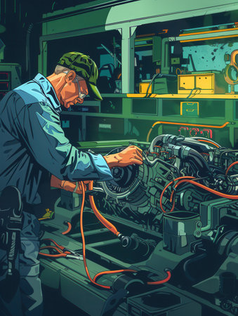 A mechanic conducts a computer diagnosis on a vehicle while working on the engine repair in an auto shop.の素材