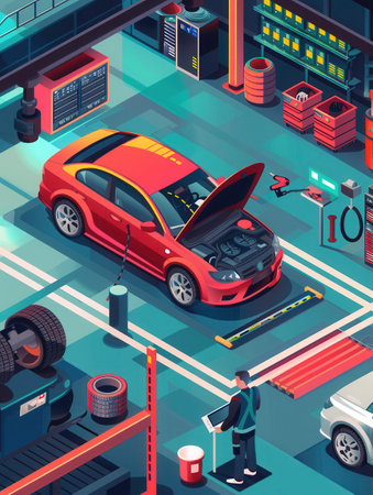 A mechanic is conducting a computer diagnosis on a vehicle while simultaneously working on repairs in a well-equipped auto shop.の素材