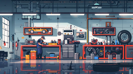 A mechanic is performing computer diagnostics on a vehicle while working on engine repairs in a well-equipped auto shop.の素材