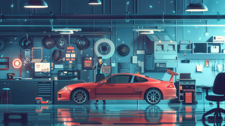 A mechanic conducts a computer diagnosis while working on engine repairs in a well-equipped automotive workshop.の素材