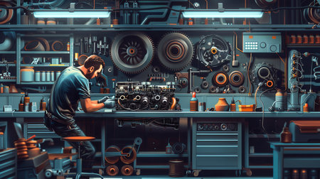 A mechanic is conducting a computer diagnosis on a vehicle while working on engine repairs in a modern automotive workshop.の素材