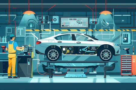 A mechanic is using a computer to diagnose issues while working on an engine repair in a well-equipped auto shop.の素材