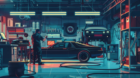 A mechanic works on a car's engine while conducting a computer diagnostic in a busy auto repair shop.の素材