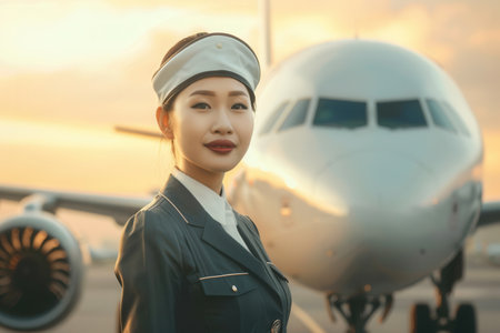 A flight attendant poses proudly before an airplane as the sun sets, creating a beautiful backdrop at the airport.の素材
