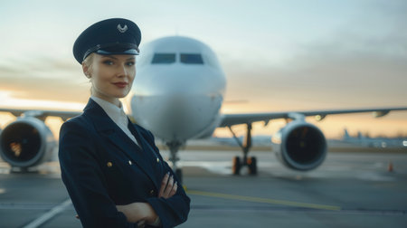 The flight attendant prepares for her shift, exuding confidence while standing in front of an airplane on a beautiful morning at the airport.の素材