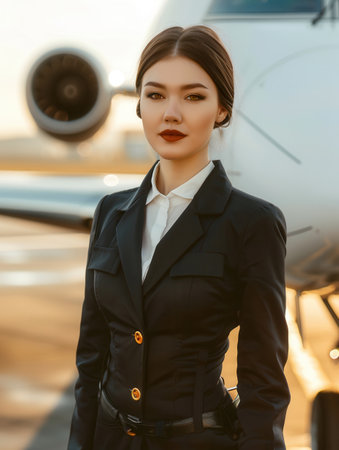 A flight attendant poses elegantly in front of a jet, showcasing professionalism and style during a bright sunset.の素材