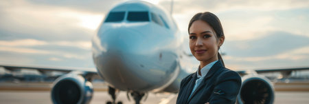 The flight attendant prepares for duty, positioned in front of an airplane as the sun sets, embodying professionalism and readiness.の素材