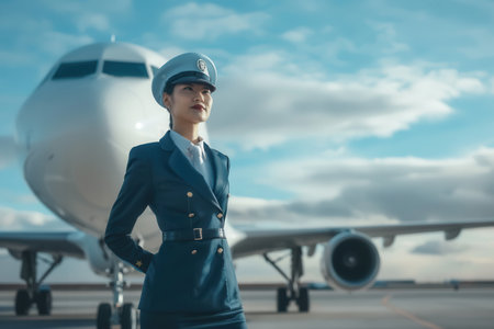 The flight attendant stands with confidence, smiling while in uniform beside a large airplane on a clear, sunny day at the airport.の素材