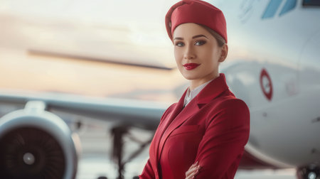 A flight attendant poses next to an aircraft, exuding professionalism and warmth as the sun sets in the background.の素材