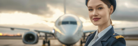 A flight attendant smiles while standing in front of an airplane, showcasing her professional attire against a stunning evening backdrop.の素材