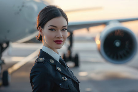 A flight attendant stands proudly by the aircraft as the sun sets in the background, showing her uniform and professionalism.の素材