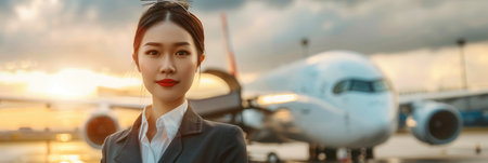 A flight attendant poses at the airport, showcasing her uniform with a serene smile as the sun sets and an airplane is visible behind her.の素材