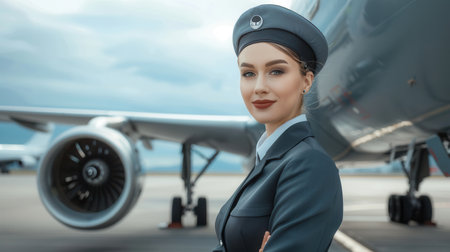 The flight attendant stands proudly next to an aircraft, wearing a uniform and hat, ready to assist passengers at the airport.の素材