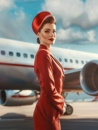 A flight attendant stands gracefully in a stylish red uniform next to an aircraft under a bright sky, ready to greet passengers.の素材