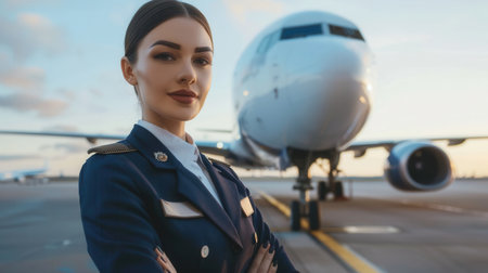 A flight attendant poses confidently before a parked airplane at the airport, showing professionalism and dedication to her role in aviation.の素材