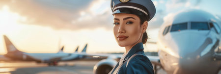 A flight attendant stands proudly next to an airplane, showcasing her uniform against a vibrant sunset at the airport.の素材