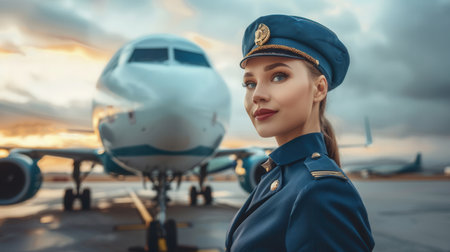 A flight attendant poses proudly next to an aircraft as the sun sets, showing her uniform and readiness for the journey ahead.の素材