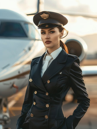 A professional flight attendant stands proudly beside a private jet, showcasing her uniform as the sunset casts a warm glow over the airfield.の素材