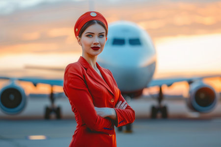 A flight attendant in a red uniform poses confidently with an airplane in the background at sunset, showcasing dedication to her profession.の素材